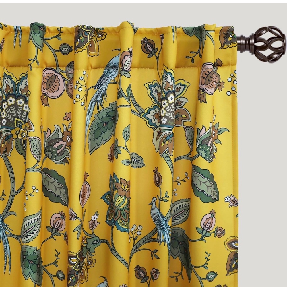 Botanical Print Yellow Window Curtains - Floral Drapes - Picture 2 of 7